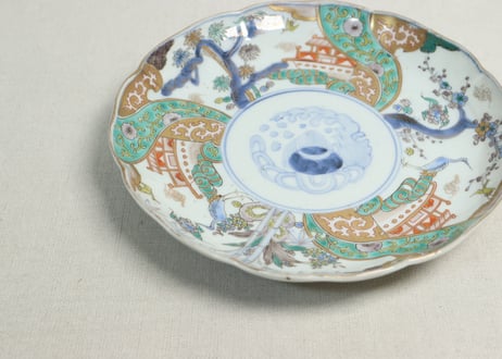 明治前期色絵鶴と松竹梅図通り物7寸皿