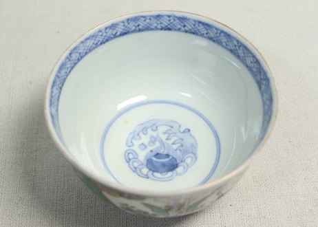 明治前期色絵鶴と松竹梅図通り物飯茶碗