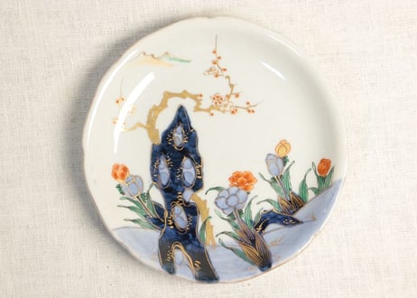 明治前期色絵梅と福寿草図6寸皿 ノミホツ