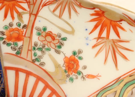明治前期色絵扇面に竹と牡丹図8寸皿