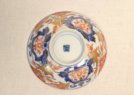 明治前期色絵芦に鳥と牡丹図通り物飯茶碗