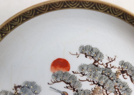 明治前期九谷焼色絵松鶴図通り物深小皿　甘手