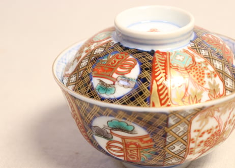 明治前期色絵桃と松竹梅図飯茶碗