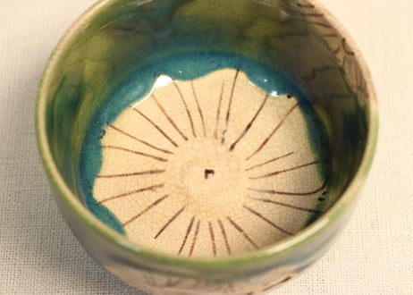 明治後期～大正織部焼緑釉菊図湯呑