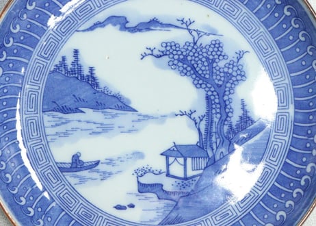 明治後期～大正銅判山水と幾何学文6寸皿
