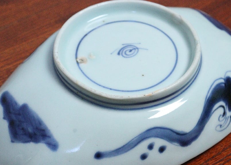 切込焼　染付笹図鮎皿　19世紀　仙台藩　染付　長皿　丸紋　丸文　切込　東北 切込焼染付笹図鮎皿19世紀仙台藩染付長皿丸紋丸文切込東北