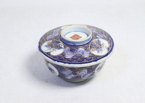 明治前期色絵草花に波図蒸茶碗①　 色擦れ