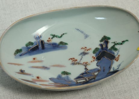 江戸中期色絵山水図舟形皿 小ホツ