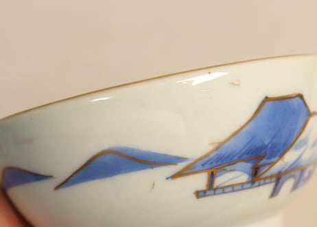 江戸幕末金彩朝顔と山水図飯茶碗