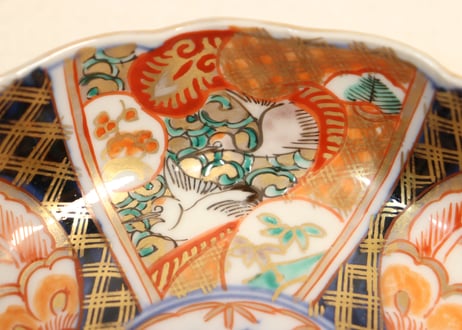 明治前期色絵桃と鶴図通り物なます皿