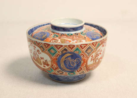 明治前期色絵梅と人物と青玉図蒸茶碗 5客組