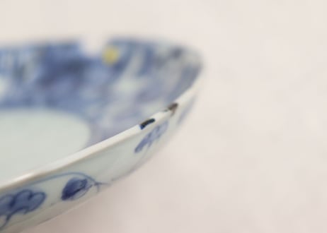江戸中期染付十方に花図7寸皿 ホツ