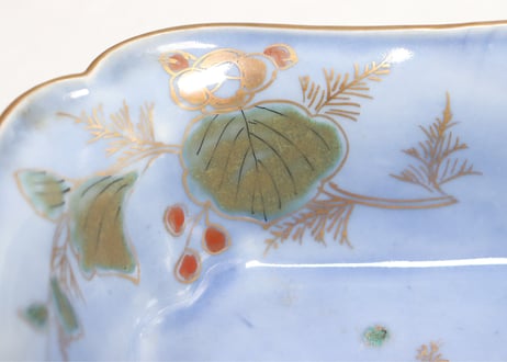 江戸中期瑠璃釉色絵人参と草花図角なます皿５客組 １客あたり傷