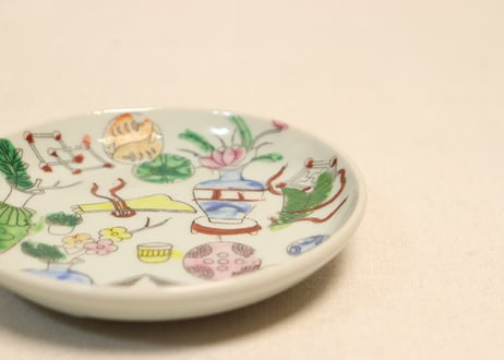 明治後期～大正色絵プリントお道具散らし図小皿　釉擦れ