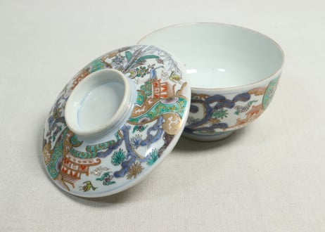 明治前期色絵鶴と松竹梅図通り物蒸茶碗