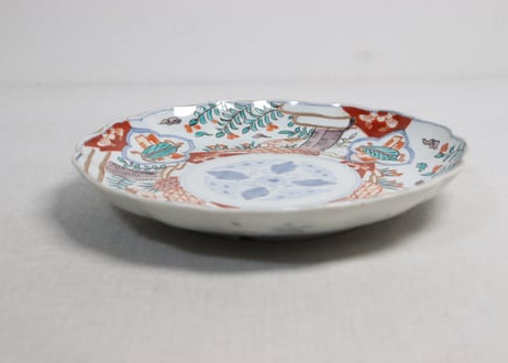 明治前期色絵籠目に花鳥図7寸皿①窯傷,黒点
