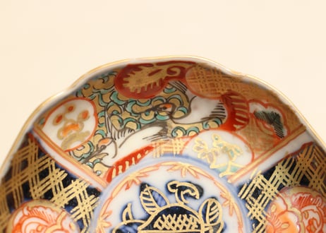 明治前期色絵桃と鶴図通り物豆皿①