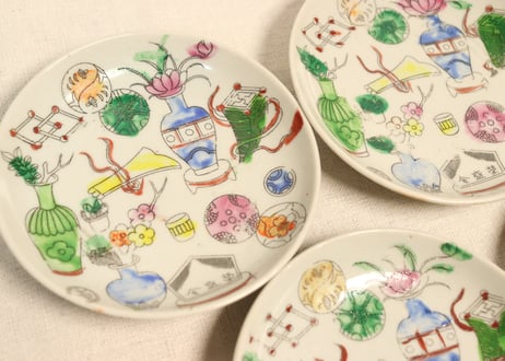 明治後期～大正色絵プリントお道具散らし図小皿　釉擦れ