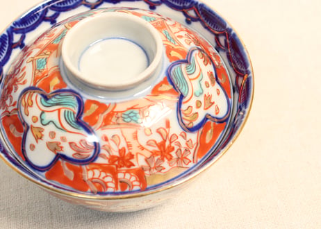 明治後期～大正色絵桜と波千鳥図通り物飯茶碗