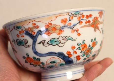 明治前期色絵花鳥に舟図飯茶碗　黒点