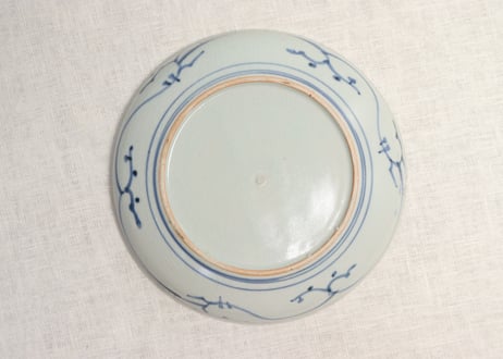 江戸中期染付岩と植物図6.5寸皿 甘手,小ホツ