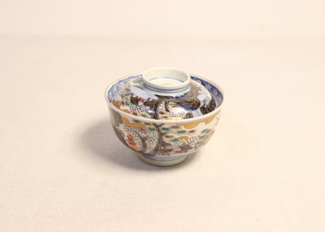 明治前期色絵山水図通り物飯茶碗①