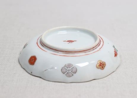 明治前期色絵網手に鶴と梅に鶯図通り物小皿②窯傷