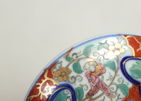 明治後期～大正色絵プリント花と唐子図蒸茶碗