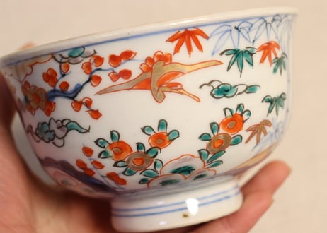 明治前期色絵花鳥に舟図飯茶碗　黒点