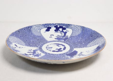 明治前期紙刷窓絵に松竹梅と波千鳥図９寸皿 部分甘手