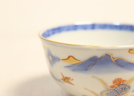 明治前期金彩染付山水図通り物飯茶碗