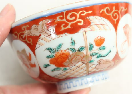 明治前期色絵瓢箪に蝶と花鳥図飯茶碗①