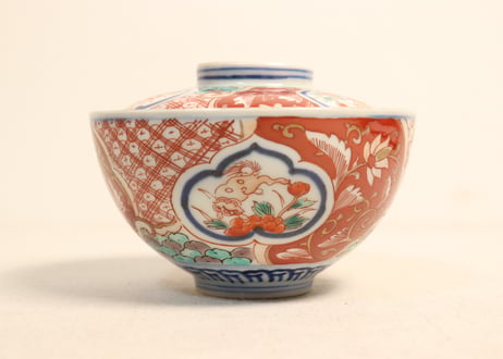 明治前期色絵獅子牡丹と幾何学文図飯茶碗①