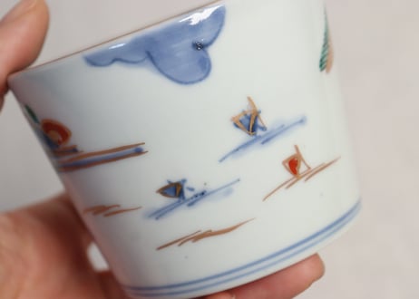 江戸後期色絵山水図通り物猪口