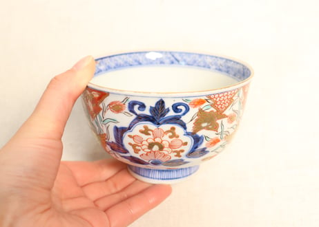 明治前期色絵芦に鳥と牡丹図通り物飯茶碗