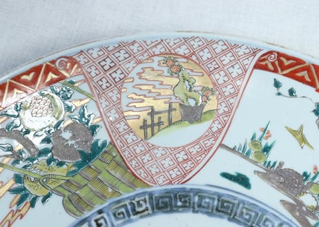 明治前期色絵ザクロに鳥図尺５寸皿