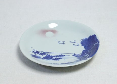 明治後期～大正銅判舟引き人物と千鳥図5.5寸皿