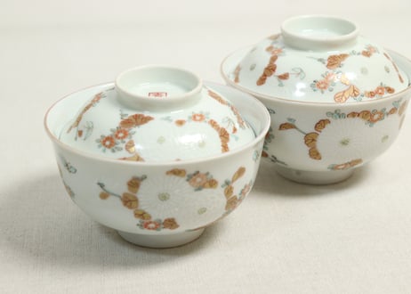 明治前期色絵三方菊図通り物飯茶碗
