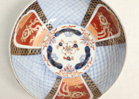 明治前期色絵松竹梅と牡丹図7寸鉢　釉剝げ