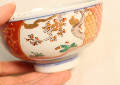 明治前期色絵梅と鶯に鳥籠図通り物蒸茶碗②　少甘手