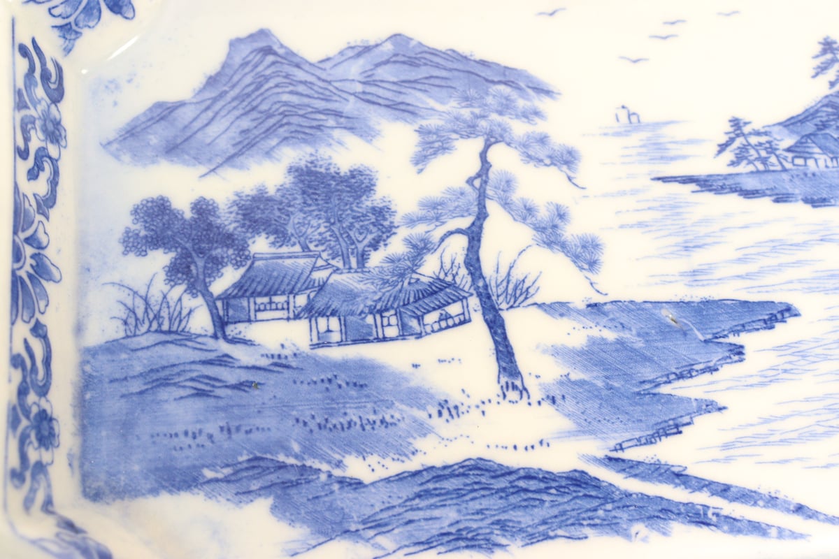 100年前の角皿 山水図 銅版転写 明治時代 明治後期～大正銅
