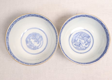 明治前期色絵三方松竹梅と花鳥図通り物飯茶碗