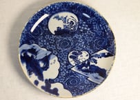 明治前期紙刷窓絵に山水と草花図一尺一寸皿