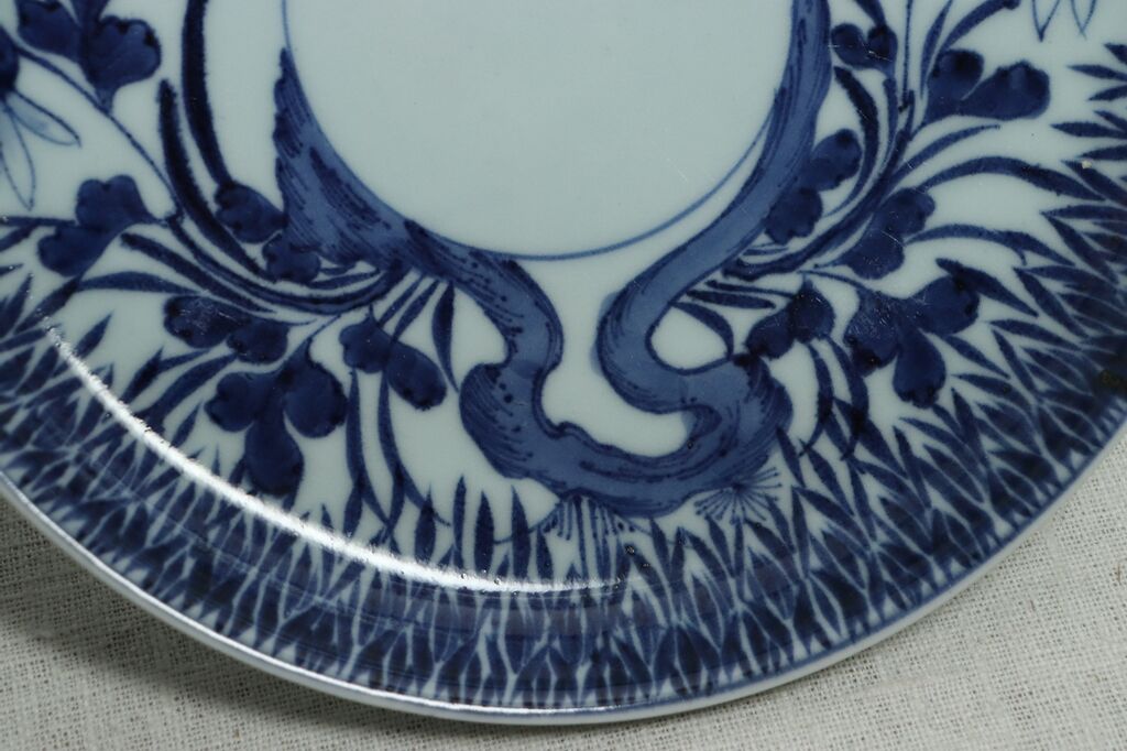 大皿□江戸中期 染付花唐草 牡丹 菊紋 凱 飾り皿 青華 古美術 時代物