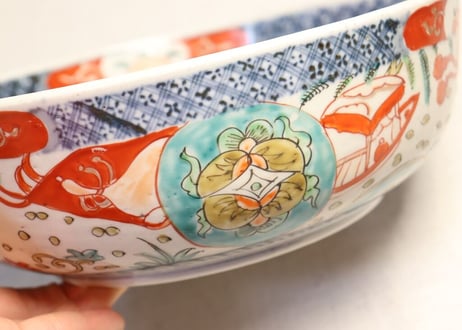 明治前期色絵三方七宝文と船に人物図三つ組鉢
