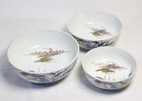 明治前期色絵芦と水鳥図三つ組鉢