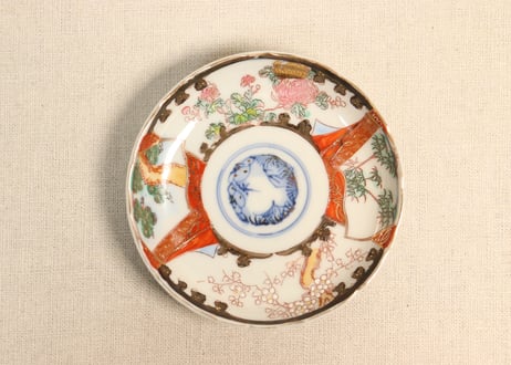 明治後期～大正色絵プリント松竹梅菊図小皿