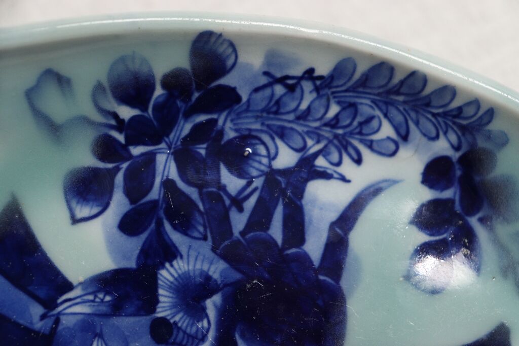 明治前期青磁染付束ね熨斗に蟹図舟型皿 | 吉祥寺PukuPuku