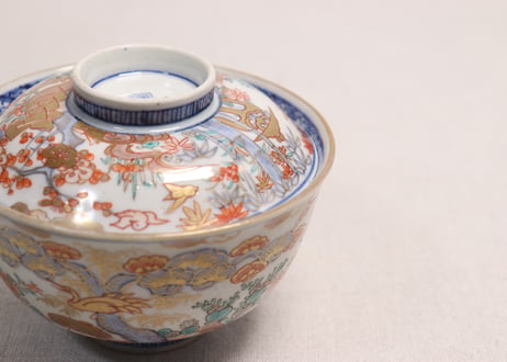 明治前期色絵三方松竹梅と花鳥図通り物飯茶碗