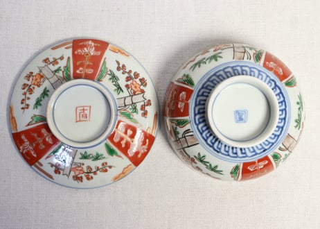 明治前期色絵三方に竹梅図通り物蒸茶碗